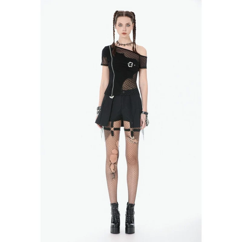 Punk-Mesh-Shorts für Damen mit Falten und Beingurt