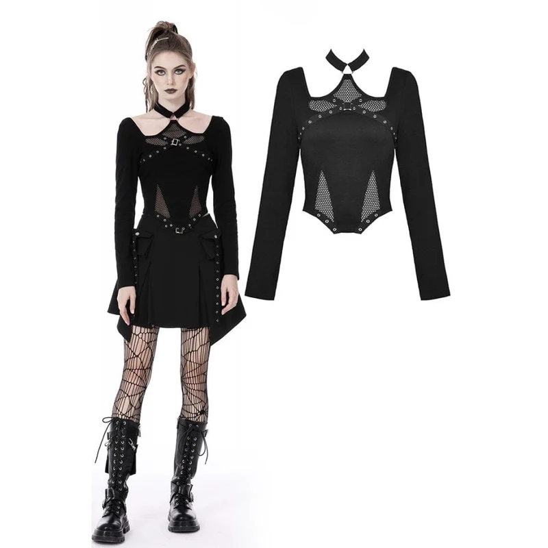 Damen Punk Mesh Splice Neckholder Crop Top