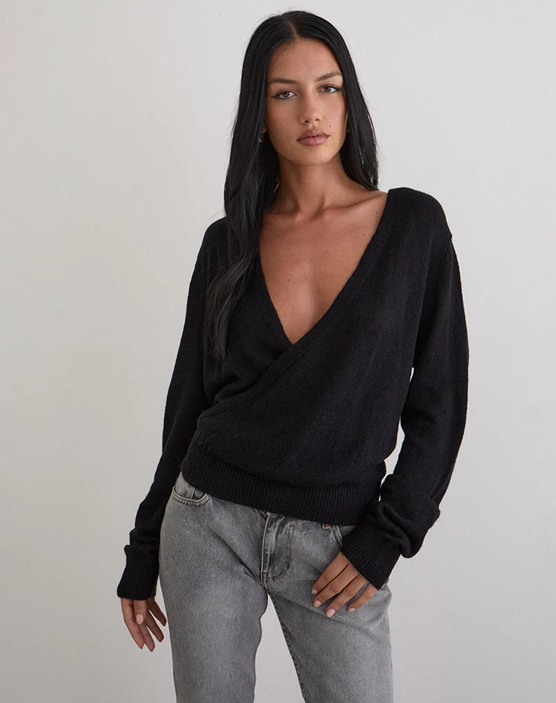 Saroya Plunge Wrap Top aus Strick, schwarz