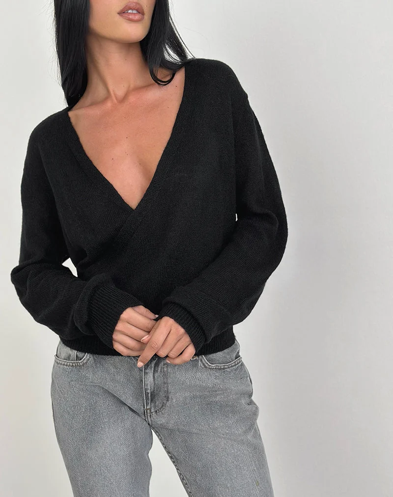Saroya Plunge Wrap Top aus Strick, schwarz
