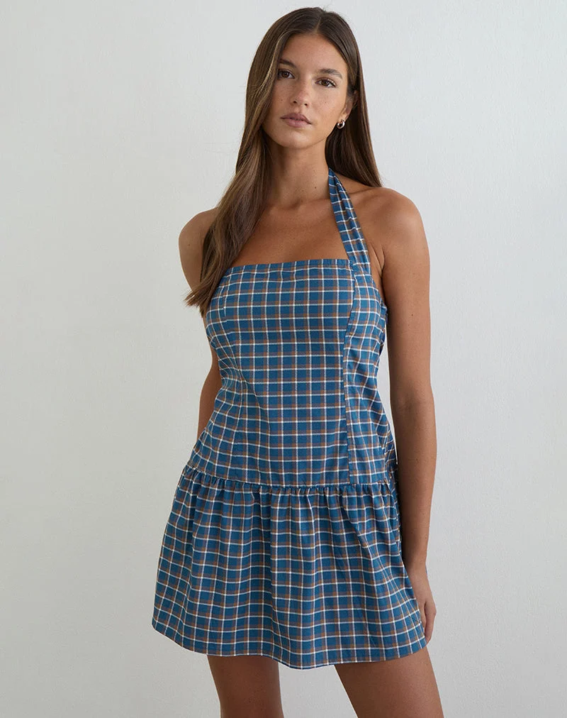 Panja Mini-Halterneck-Kleid in mittelblauem Tartan