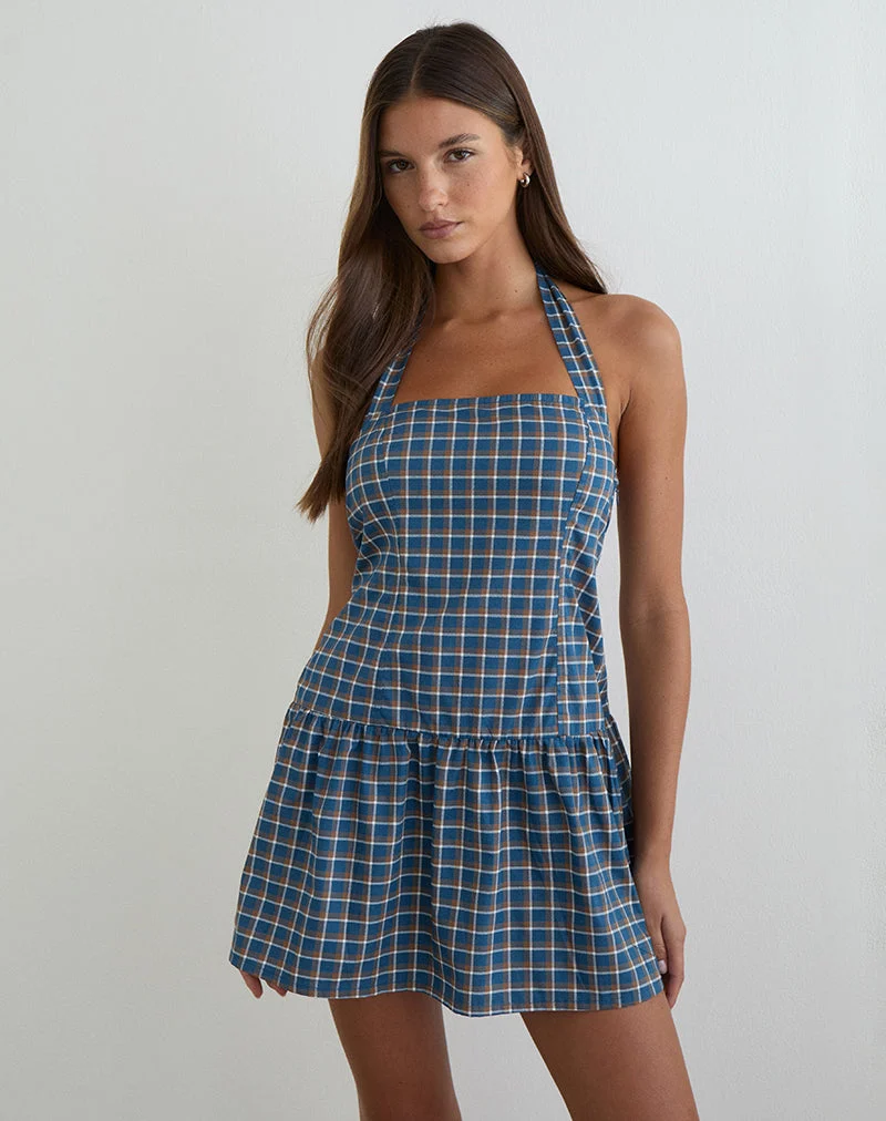 Panja Mini-Halterneck-Kleid in mittelblauem Tartan