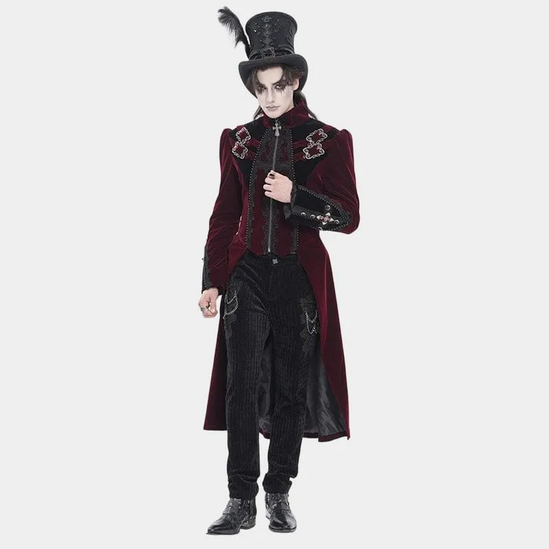 Rote Herren-Gothic-Jacke mit Perlenbesatz, Schnallenriemen und Reißverschluss