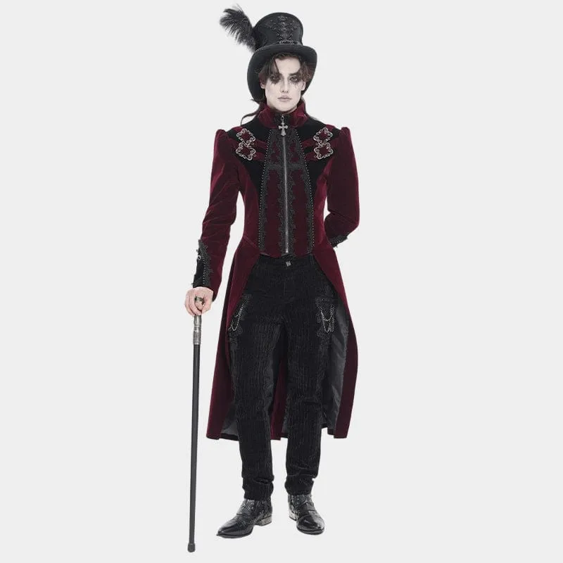 Rote Herren-Gothic-Jacke mit Perlenbesatz, Schnallenriemen und Reißverschluss