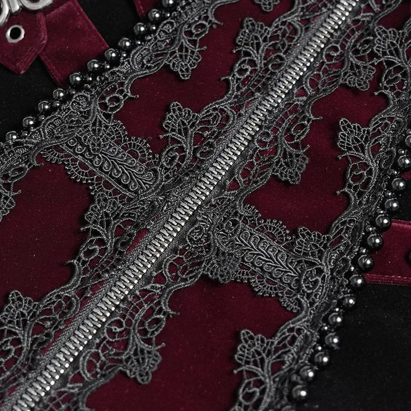 Rote Herren-Gothic-Jacke mit Perlenbesatz, Schnallenriemen und Reißverschluss