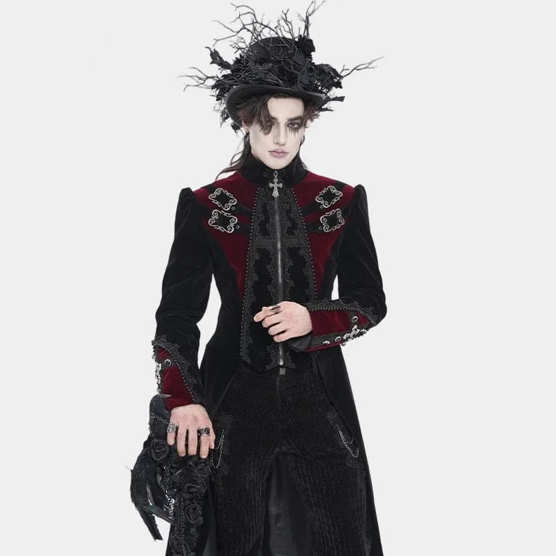 Schwarze Gothic-Jacke für Herren mit Perlenbesatz, Schnallenriemen und Reißverschluss