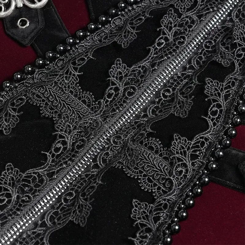 Schwarze Gothic-Jacke für Herren mit Perlenbesatz, Schnallenriemen und Reißverschluss
