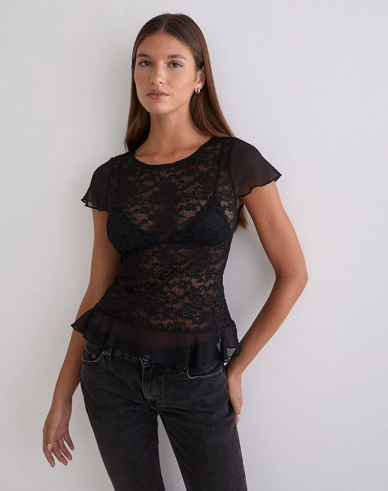 Roselani Rüschenhemdbluse aus schwarzer Spitze
