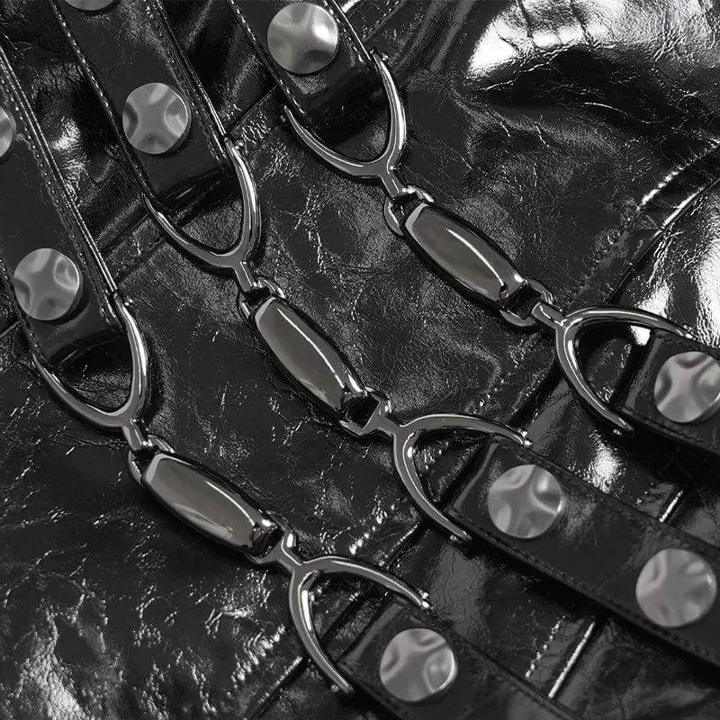Schwarze Punk-Jacke für Damen mit unregelmäßigen Ösen und Ringen, Umlegekragen