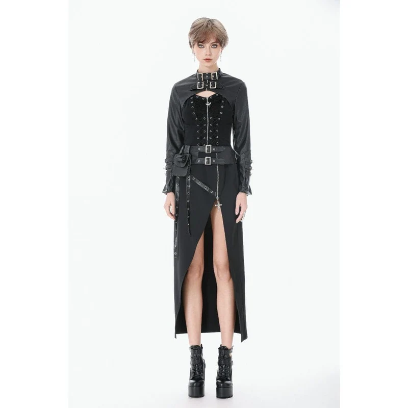Punk-Rock für Damen, asymmetrisch, mit Ösen, Trägern und Reißverschluss, lang
