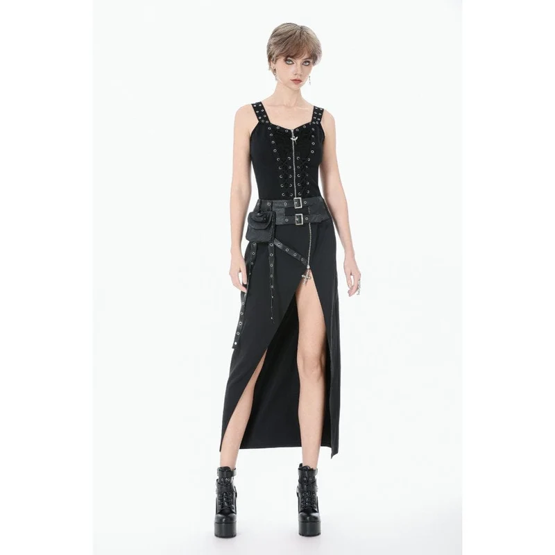 Punk-Rock für Damen, asymmetrisch, mit Ösen, Trägern und Reißverschluss, lang