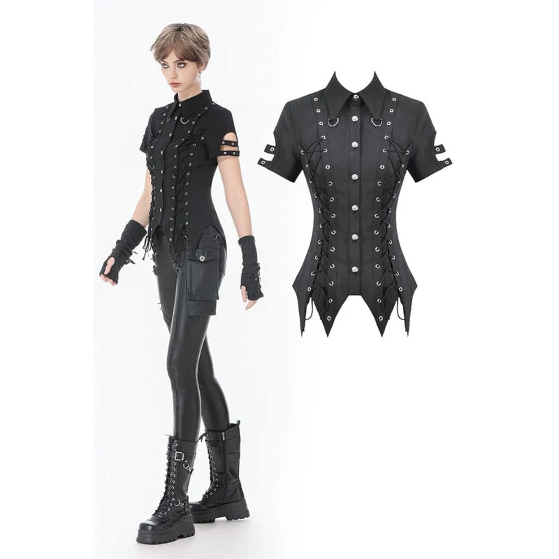 Punk-Damenhemd mit Schnürösen und Umlegekragen
