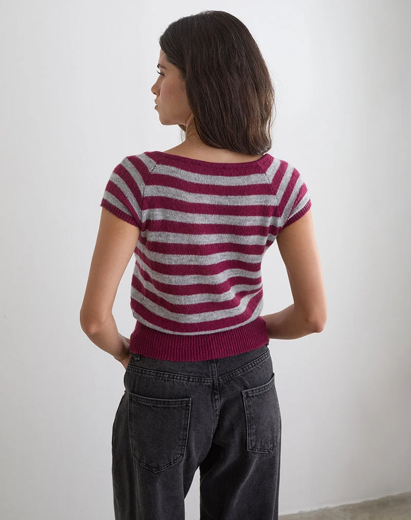 Shilpa Top in Maxi-Streifen Weinrot und Grau