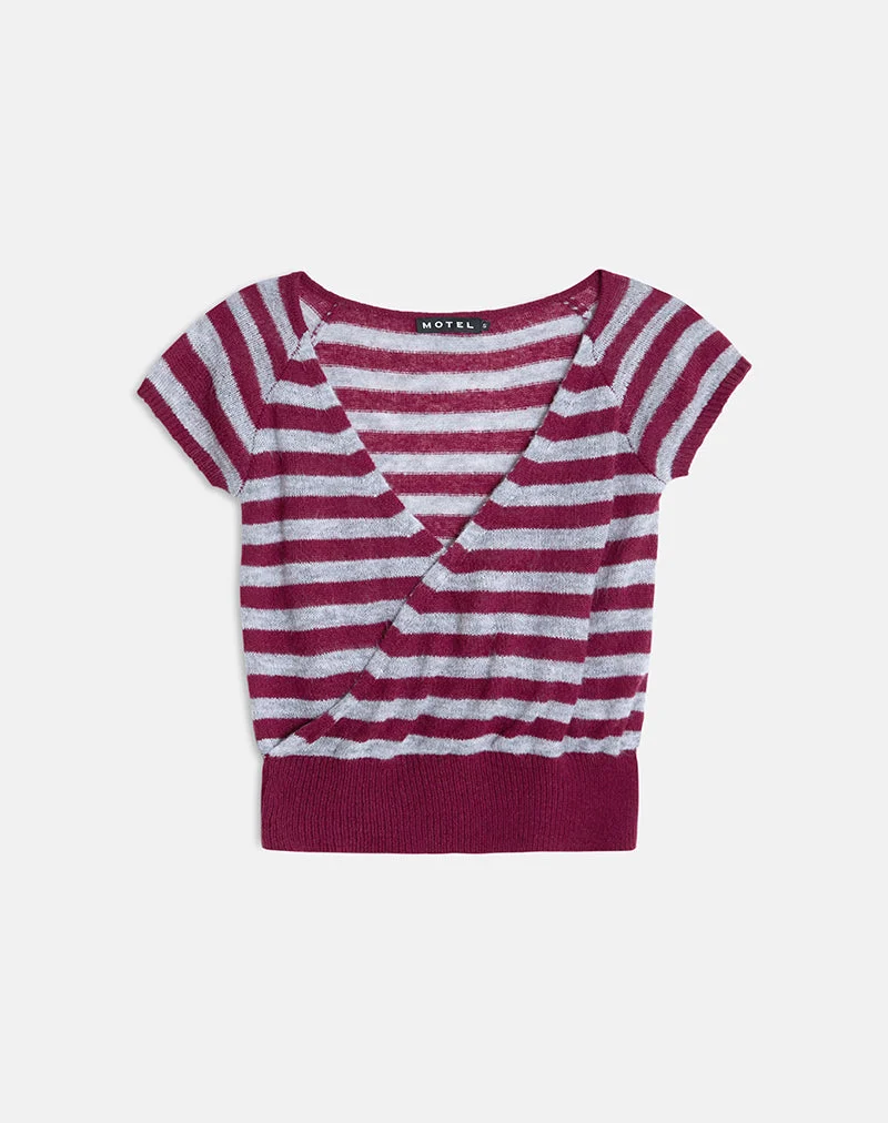 Shilpa Top in Maxi-Streifen Weinrot und Grau