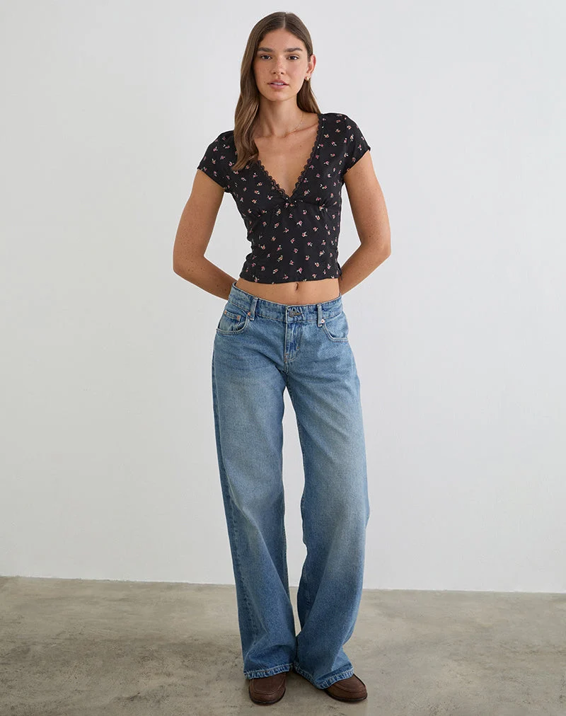 Asana Top in Schwarz mit rotem Rosenmuster