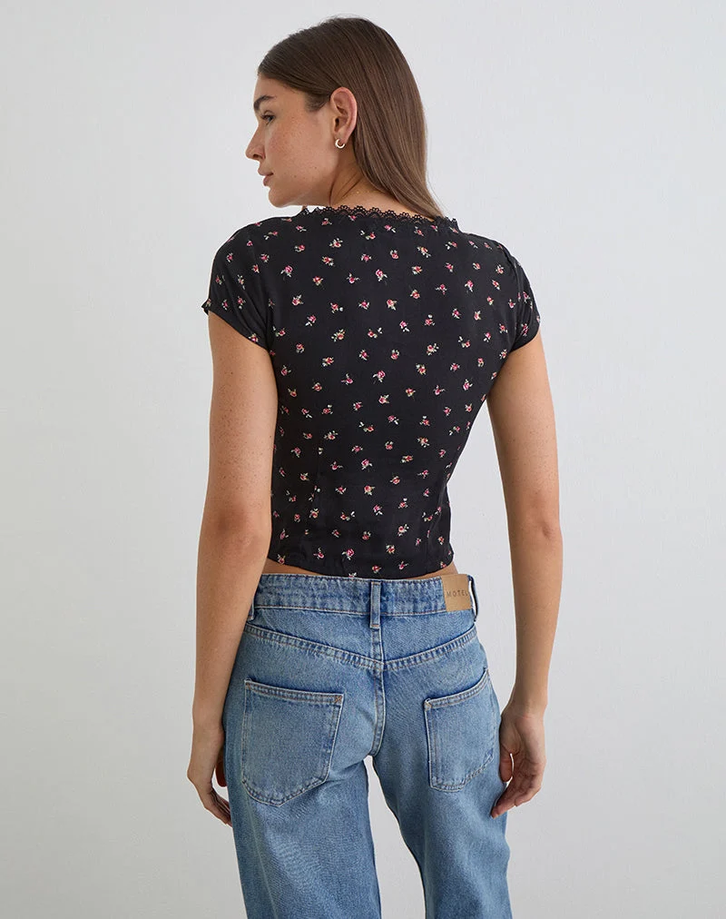 Asana Top in Schwarz mit rotem Rosenmuster