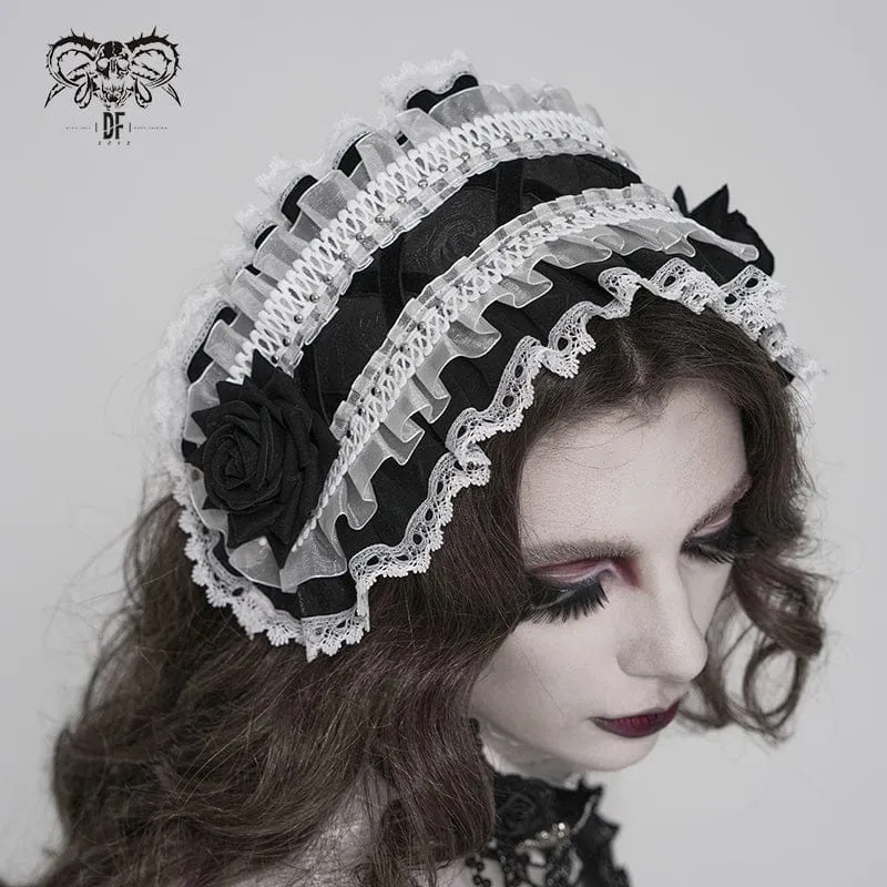 Gothic-Haarschmuck für Damen mit Rosenmuster, Rüschen und Spitze, Schwarz-Weiß
