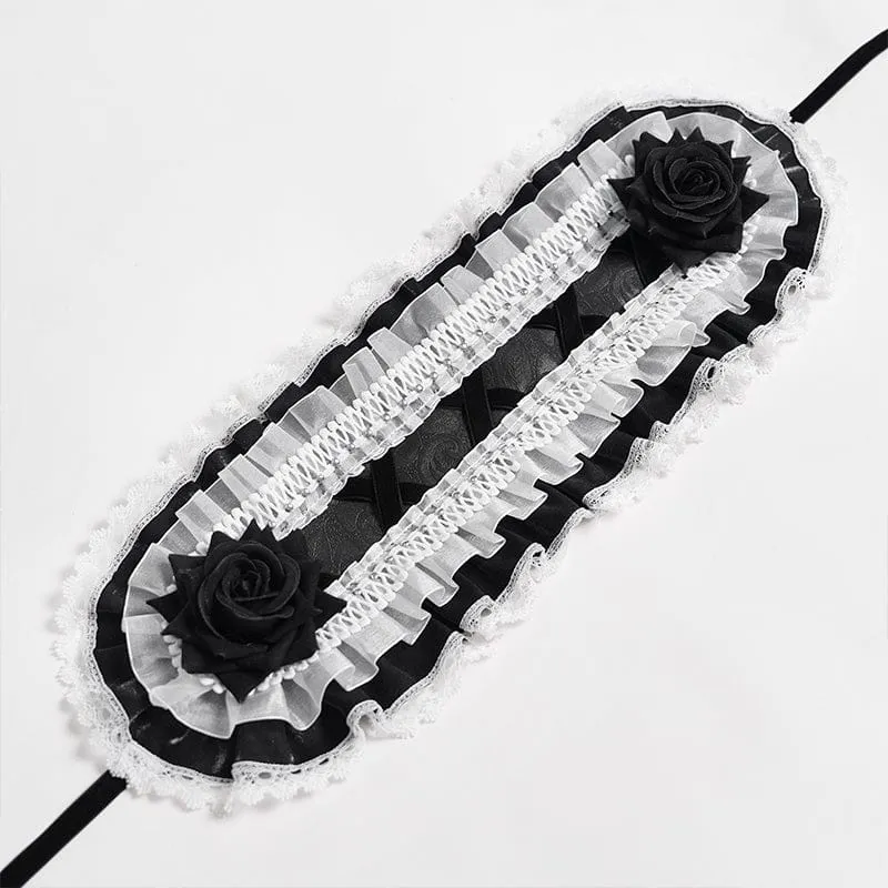 Gothic-Haarschmuck für Damen mit Rosenmuster, Rüschen und Spitze, Schwarz-Weiß