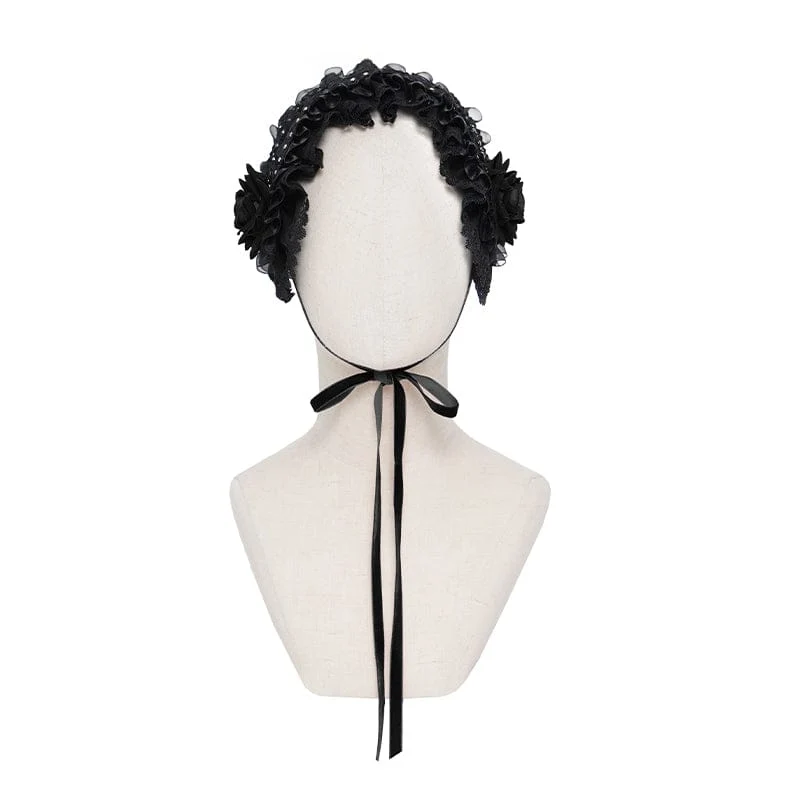 Gothic-Haarschmuck für Damen mit Rosenmuster, Spitze und Rüschen, Schwarz