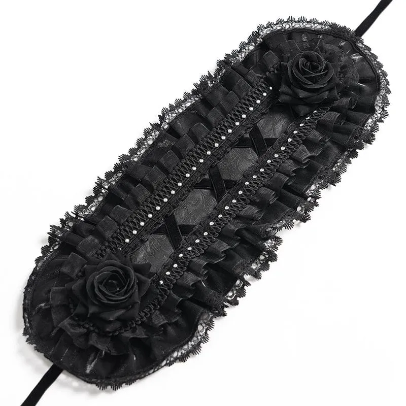 Gothic-Haarschmuck für Damen mit Rosenmuster, Spitze und Rüschen, Schwarz