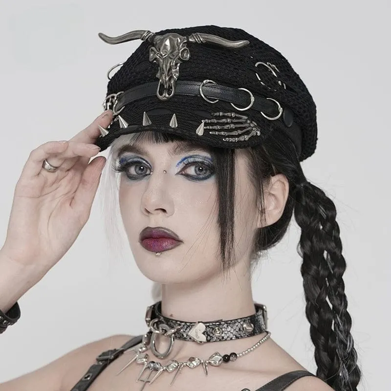 Punk-Hut für Damen mit Ziegenschädel-Skelett-Motiv und handbesetzten Nieten