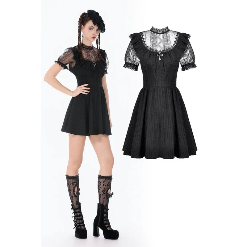 Gothic-Spitzenkleid mit gekreuzten Rüschen und kurzen Ärmeln für Damen, Abschlusskleid
