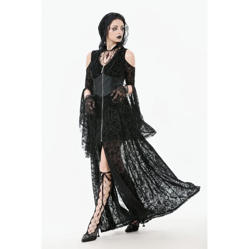Gothic-Maxikleid mit schulterfreiem, ausgestelltem Ärmel und Kapuze für Damen, Schwarz