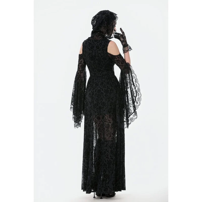 Gothic-Maxikleid mit schulterfreiem, ausgestelltem Ärmel und Kapuze für Damen, Schwarz