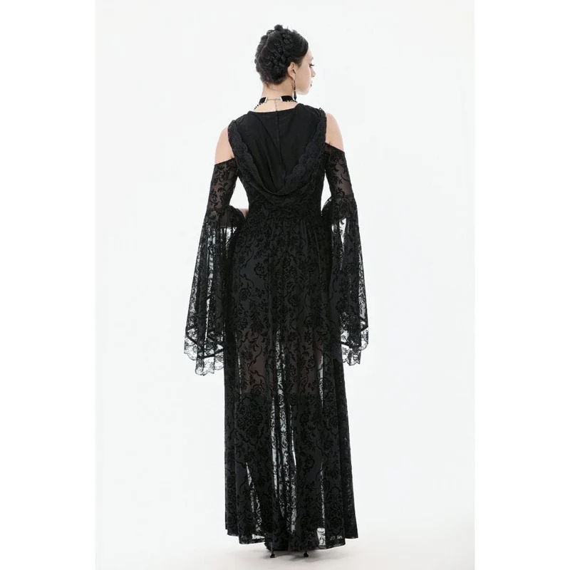 Gothic-Maxikleid mit schulterfreiem, ausgestelltem Ärmel und Kapuze für Damen, Schwarz