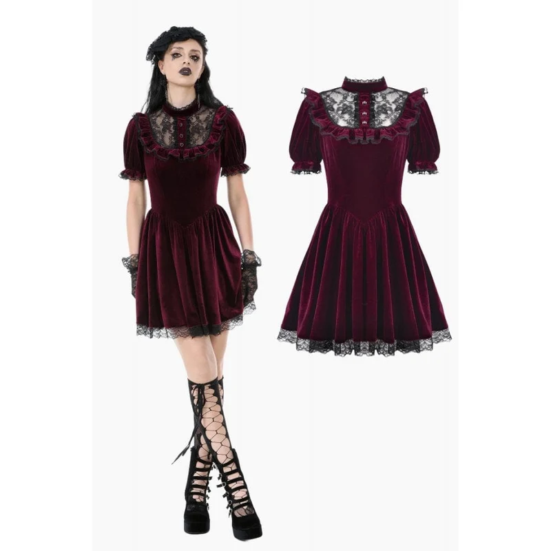 Gothic Lolita Damenkleid aus Samt mit Puffärmeln und Spitze, Abschlusskleid