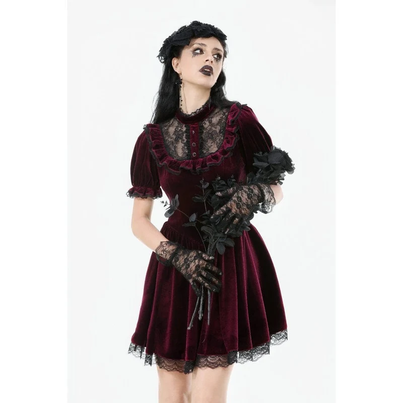 Gothic Lolita Damenkleid aus Samt mit Puffärmeln und Spitze, Abschlusskleid