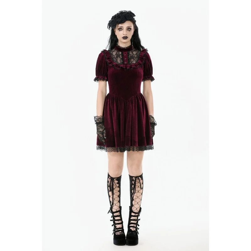 Gothic Lolita Damenkleid aus Samt mit Puffärmeln und Spitze, Abschlusskleid
