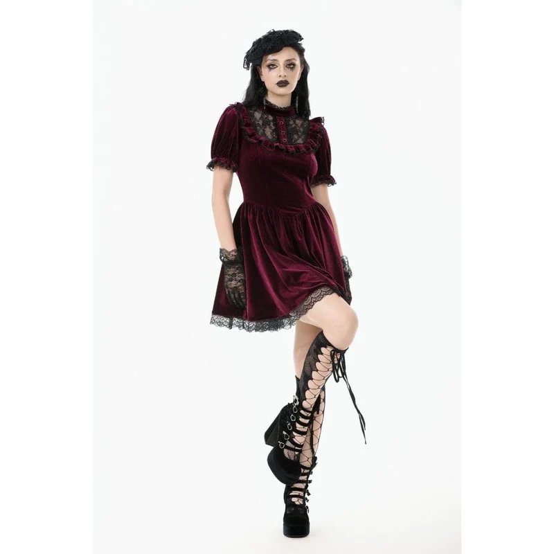 Gothic Lolita Damenkleid aus Samt mit Puffärmeln und Spitze, Abschlusskleid