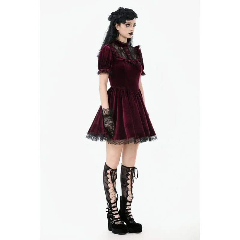 Gothic Lolita Damenkleid aus Samt mit Puffärmeln und Spitze, Abschlusskleid