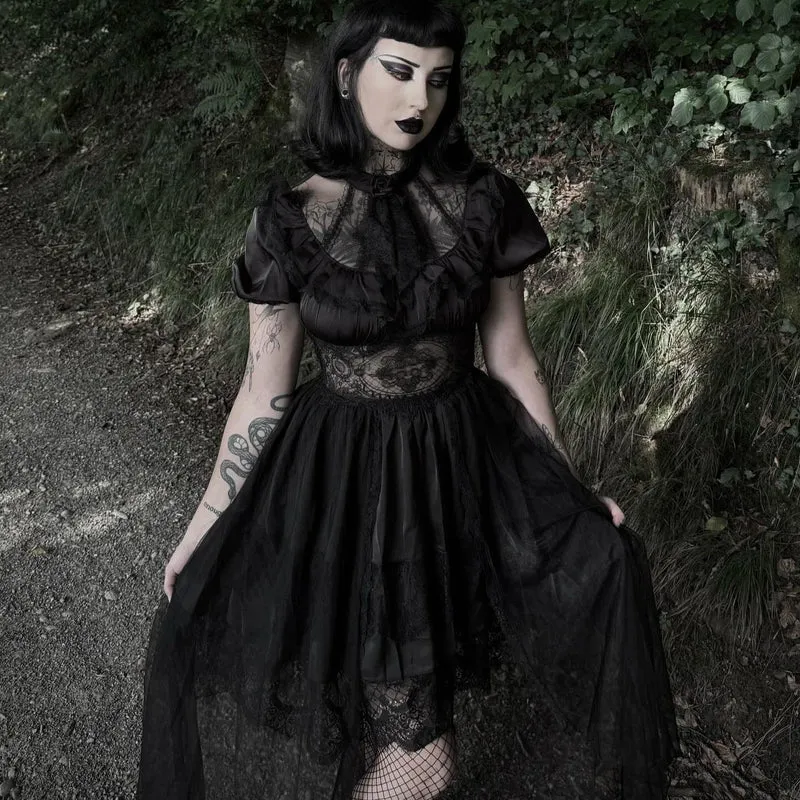 Gothic-Chiffonkleid für Damen mit Puffärmeln, asymmetrischem Saum und mehreren Lagen – Hochzeitskleid
