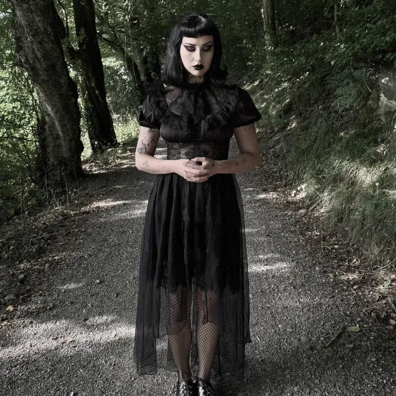 Gothic-Chiffonkleid für Damen mit Puffärmeln, asymmetrischem Saum und mehreren Lagen – Hochzeitskleid