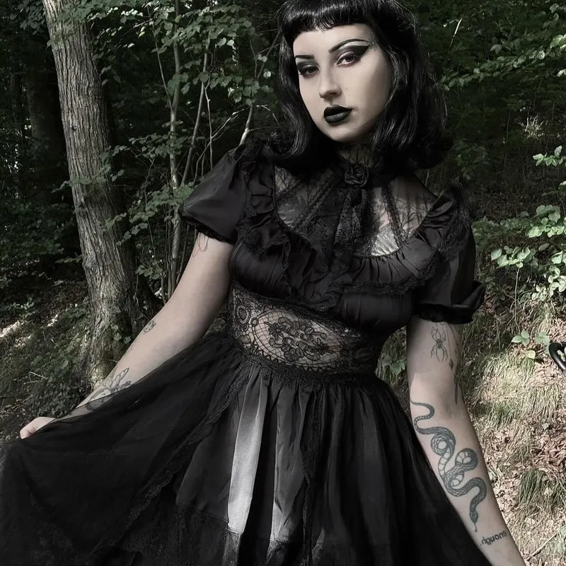 Gothic-Chiffonkleid für Damen mit Puffärmeln, asymmetrischem Saum und mehreren Lagen – Hochzeitskleid