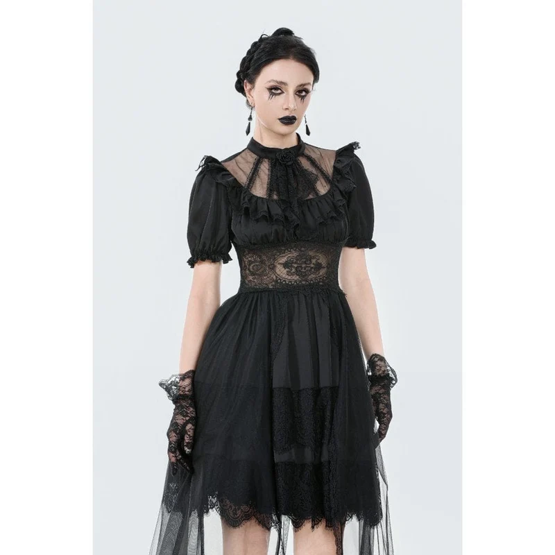Gothic-Chiffonkleid für Damen mit Puffärmeln, asymmetrischem Saum und mehreren Lagen – Hochzeitskleid