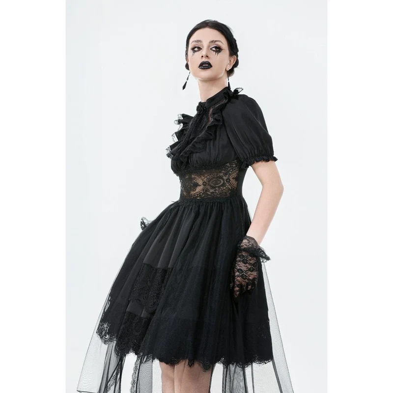 Gothic-Chiffonkleid für Damen mit Puffärmeln, asymmetrischem Saum und mehreren Lagen – Hochzeitskleid