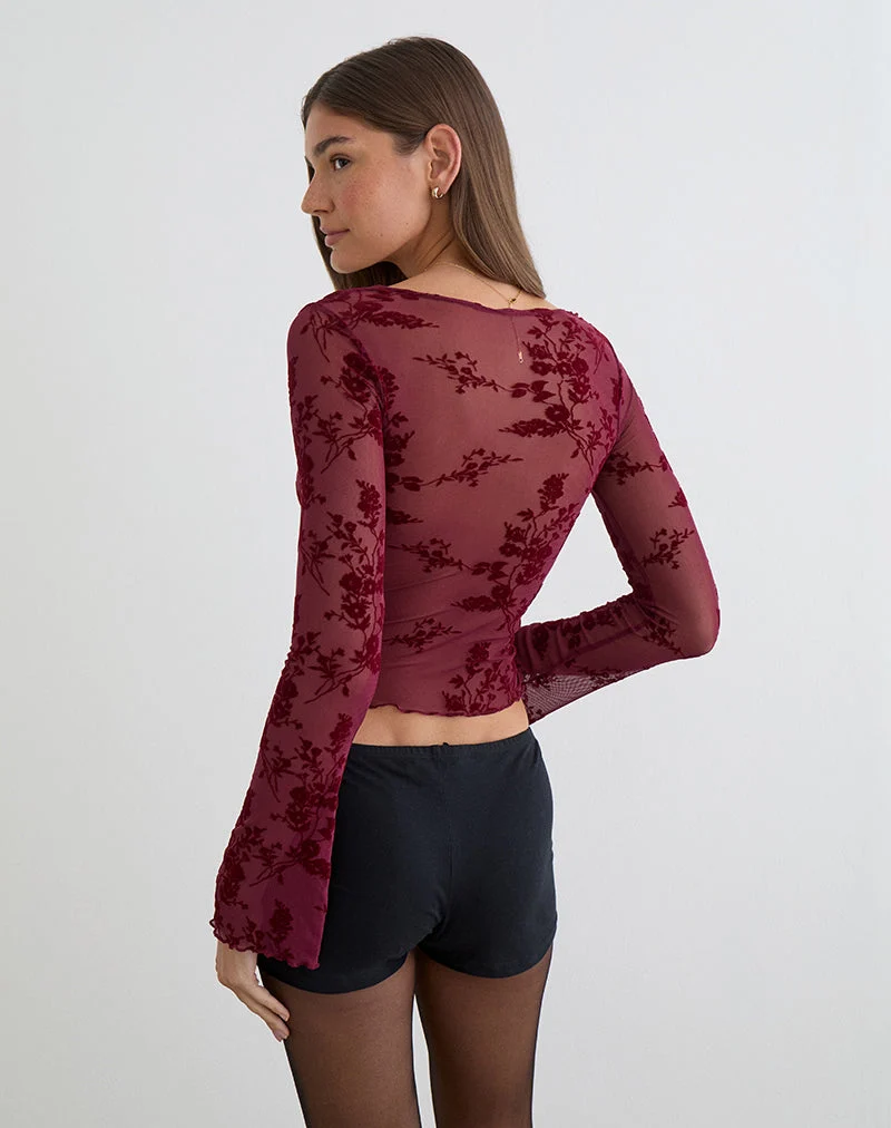 Yamuna Top in Flocked Botanical Flower Maroon