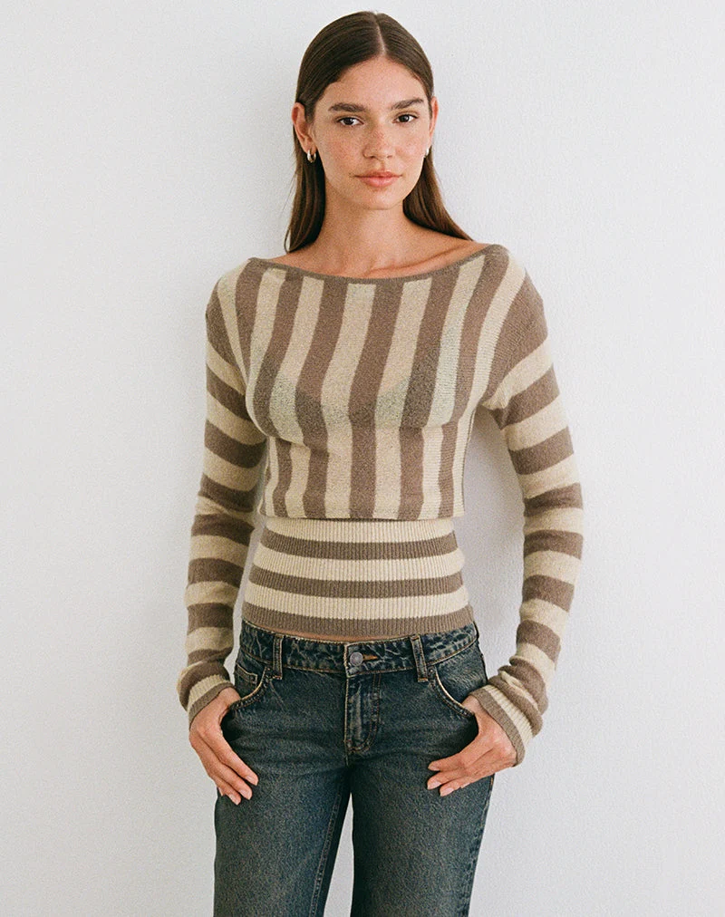Maude Top in Taupe gestreift und neutral
