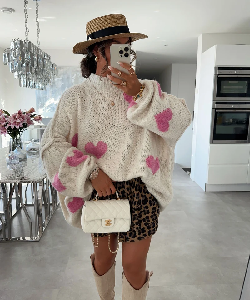 Oversize Pullover Nata Herz Beige Pink