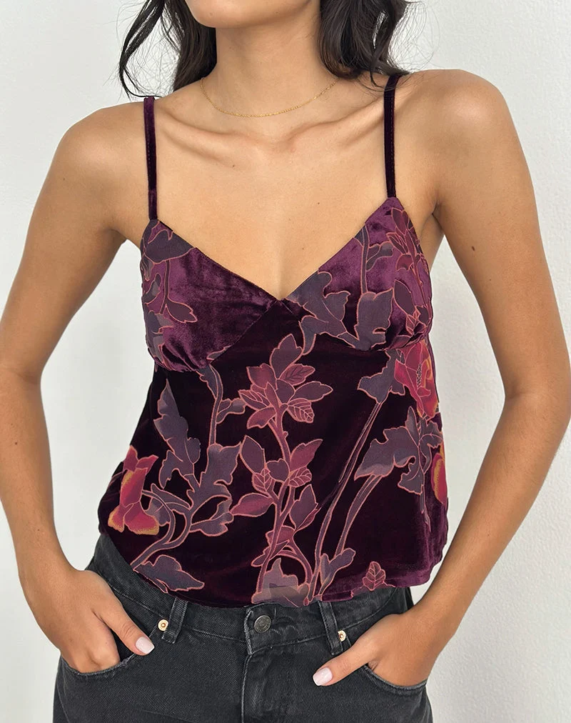 Sarinda Cami-Top in Floral Devore Burgundy