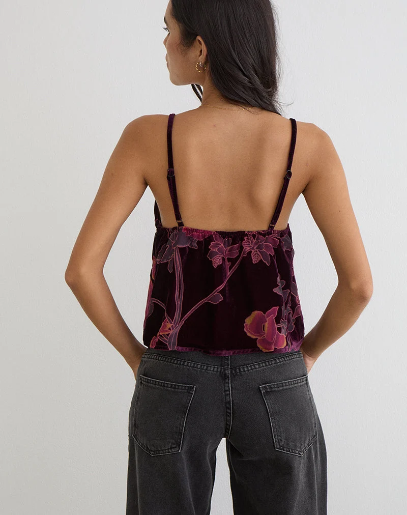 Sarinda Cami-Top in Floral Devore Burgundy