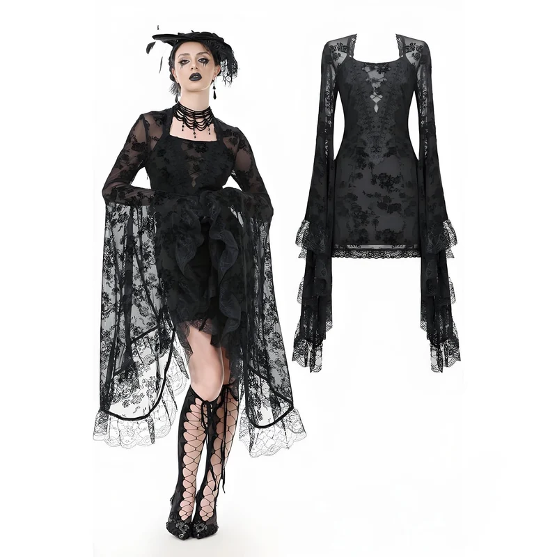 Gothic-Kleid mit besticktem Blumenmuster und quadratischem Kragen für Damen