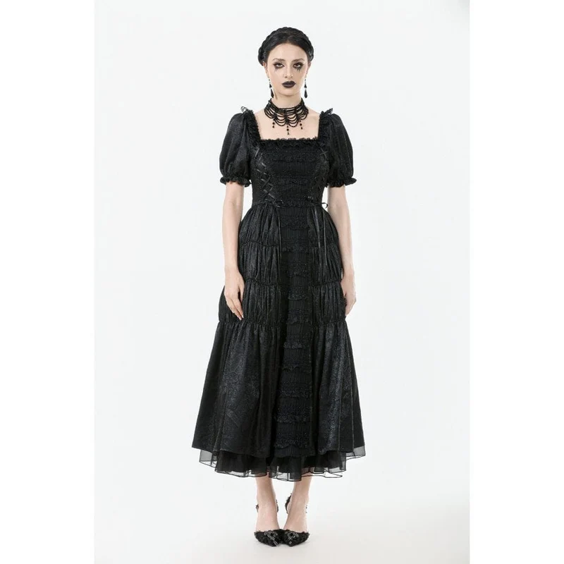 Gothic-Brautkleid für Damen mit gerafftem, eckigem Kragen, Puffärmeln und kurzen Ärmeln