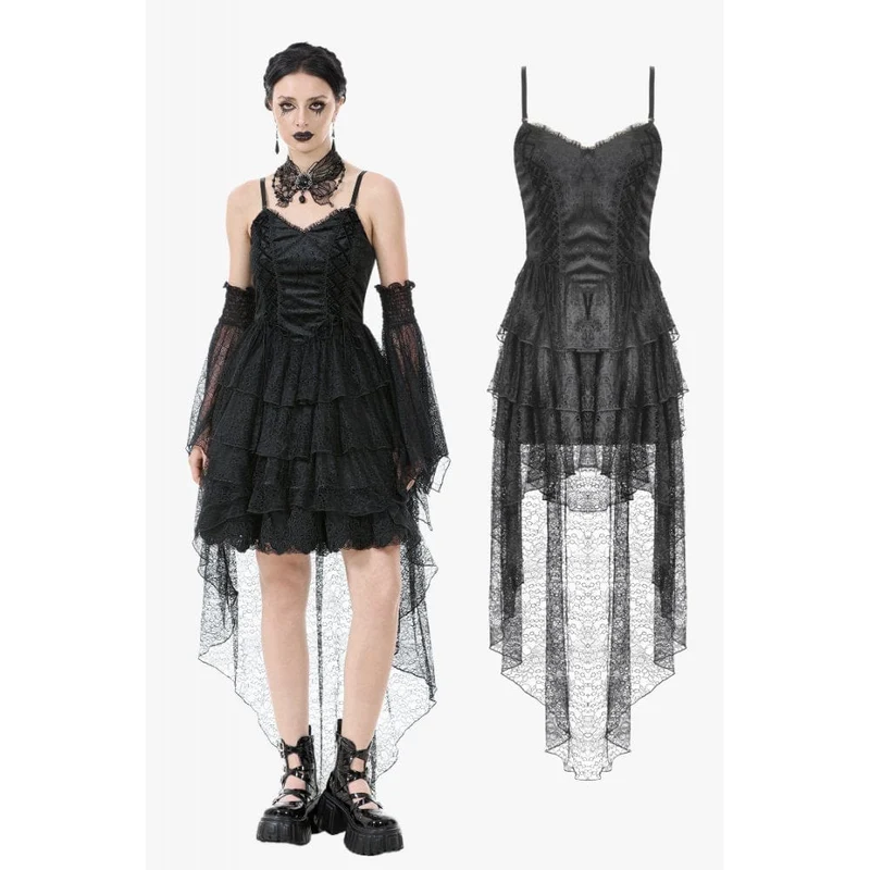 Gothic-Damenkleid mit mehreren Lagen aus Spitze und Meerjungfrauenschnitt, Abschlusskleid