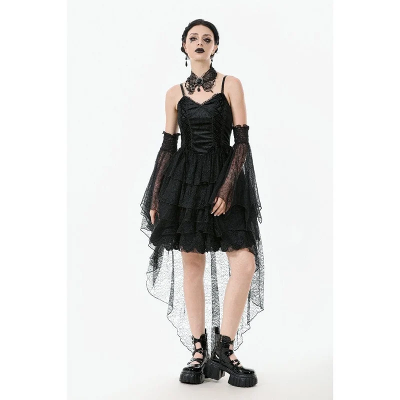 Gothic-Damenkleid mit mehreren Lagen aus Spitze und Meerjungfrauenschnitt, Abschlusskleid