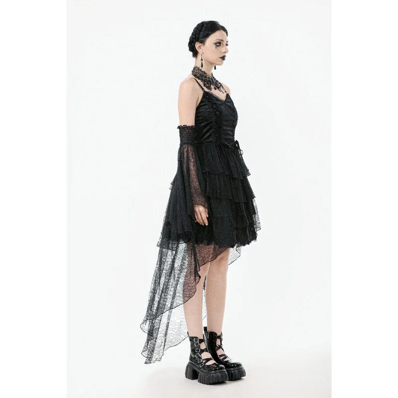 Gothic-Damenkleid mit mehreren Lagen aus Spitze und Meerjungfrauenschnitt, Abschlusskleid
