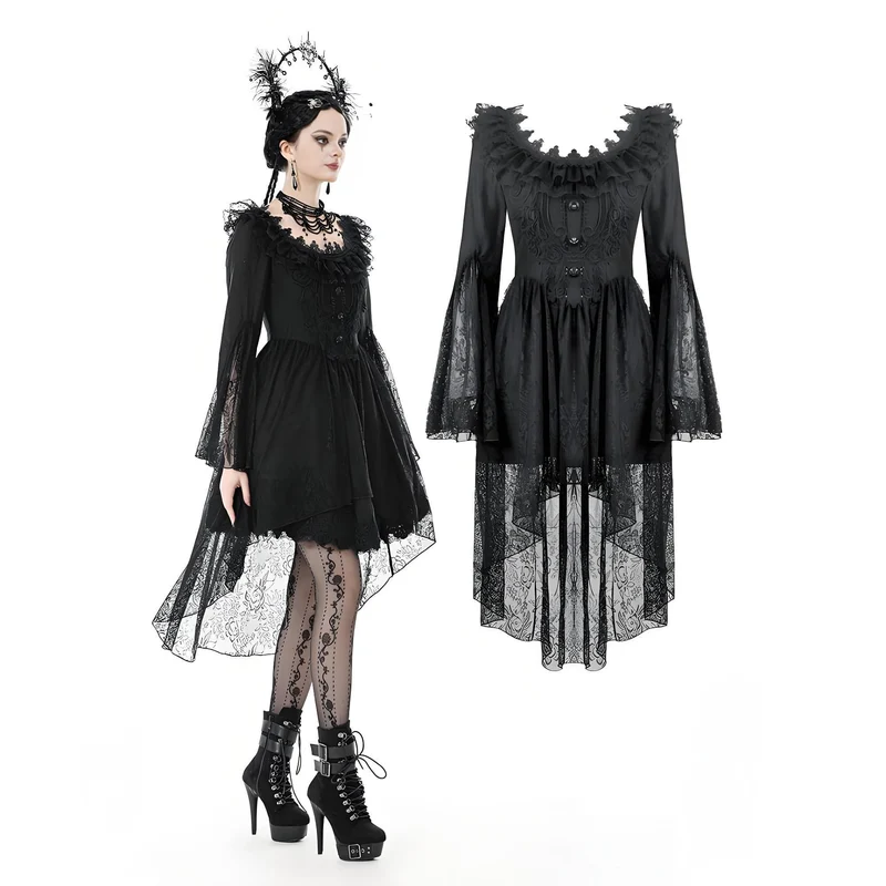 Gothic-Kleid mit Spitze, Rüschenkragen und ausgestellten Ärmeln für Damen